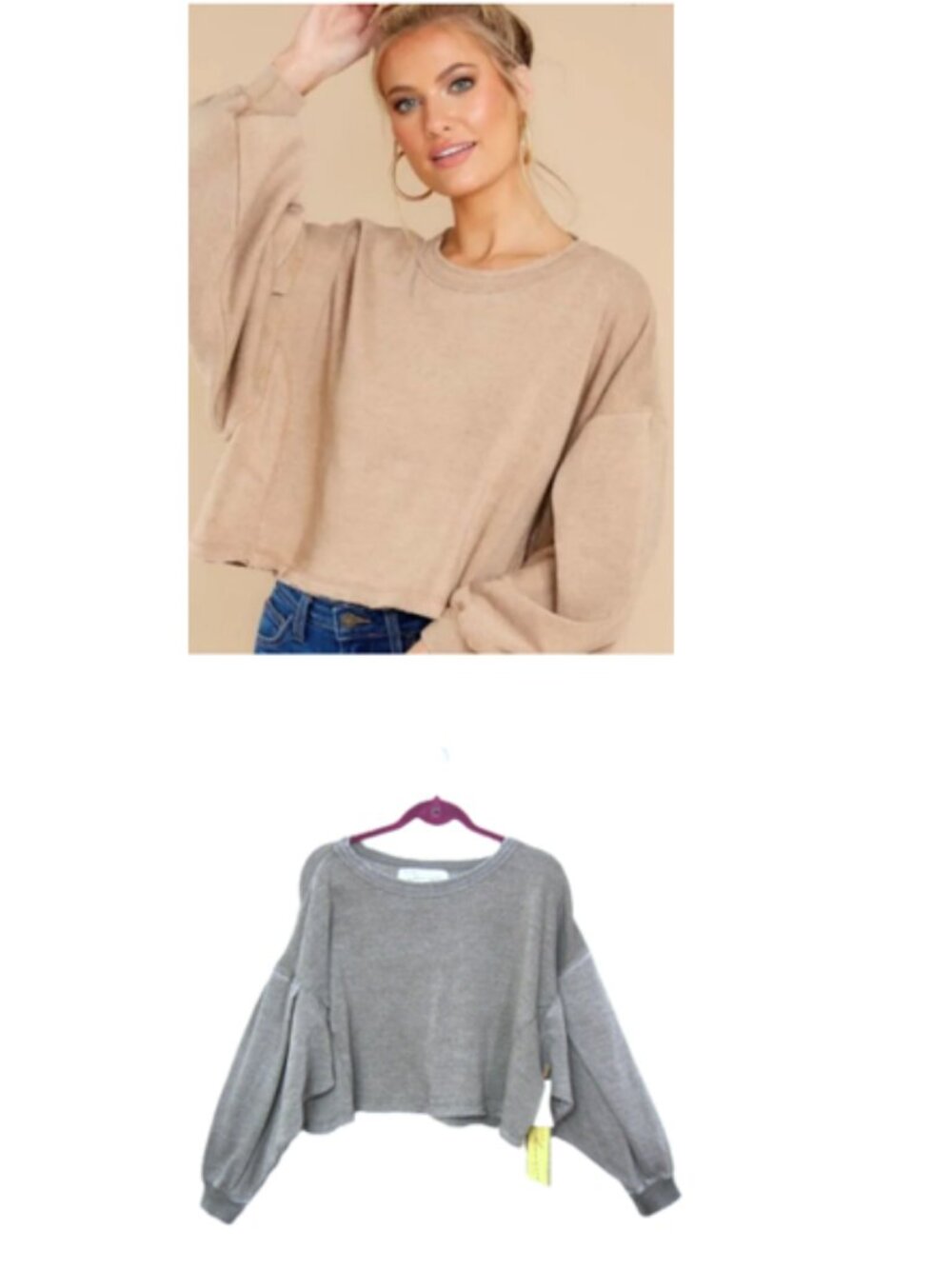 Vintage Havana NEW Size S Oversize Puff Sleeve Sweatshirt Gray Brown Greige